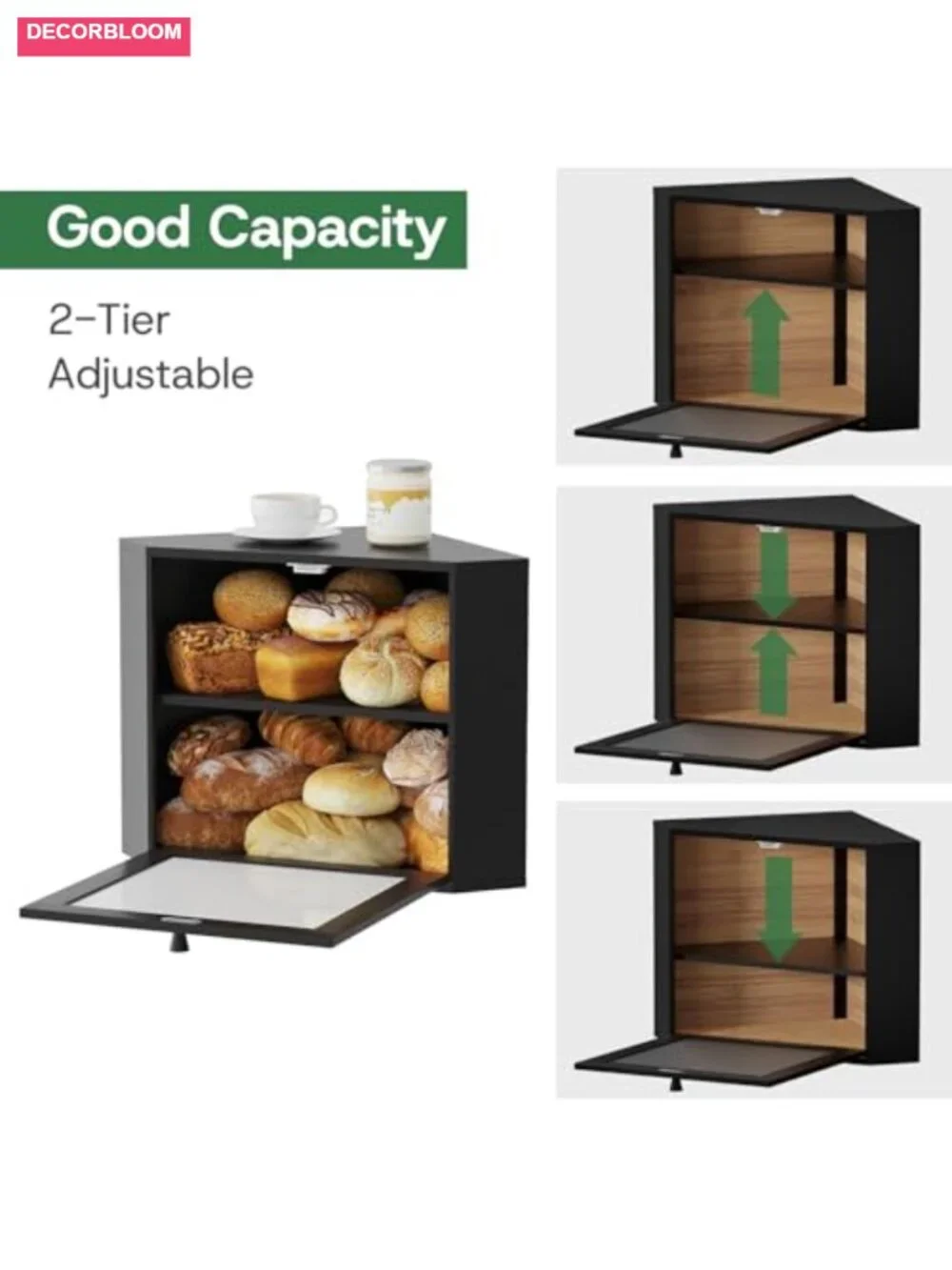 Corner Bread Box with Bamboo Wood and Adjustable Shelf
